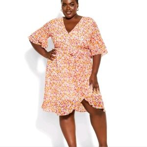 City Chic delicate mock wrap dress pink pansy ditsy print plus‎ size 16W new!!
